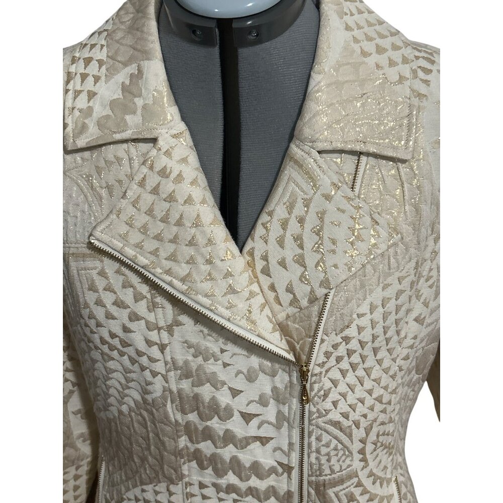Chicos Womens Metallic Beige & Gold Textured Zip Up Jacket Size 1 (Med)